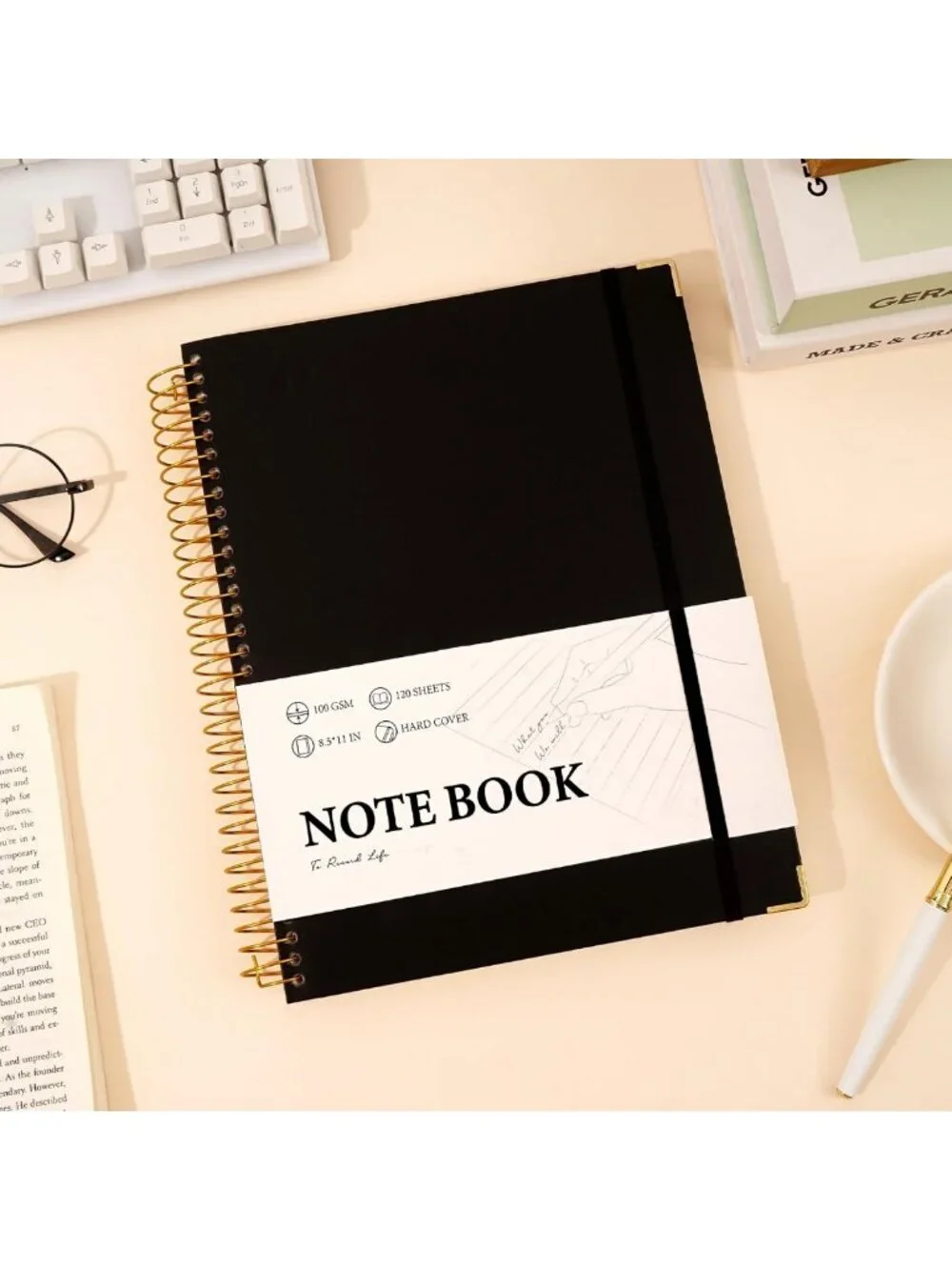 Large Black Spiral Notebook, College Ruled, 200 Pages, Hardcover Journal for